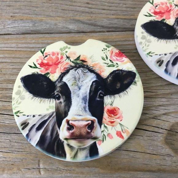 Floral Holstein Cow Car Coasters, Set of 2 - Picture 3 of 7